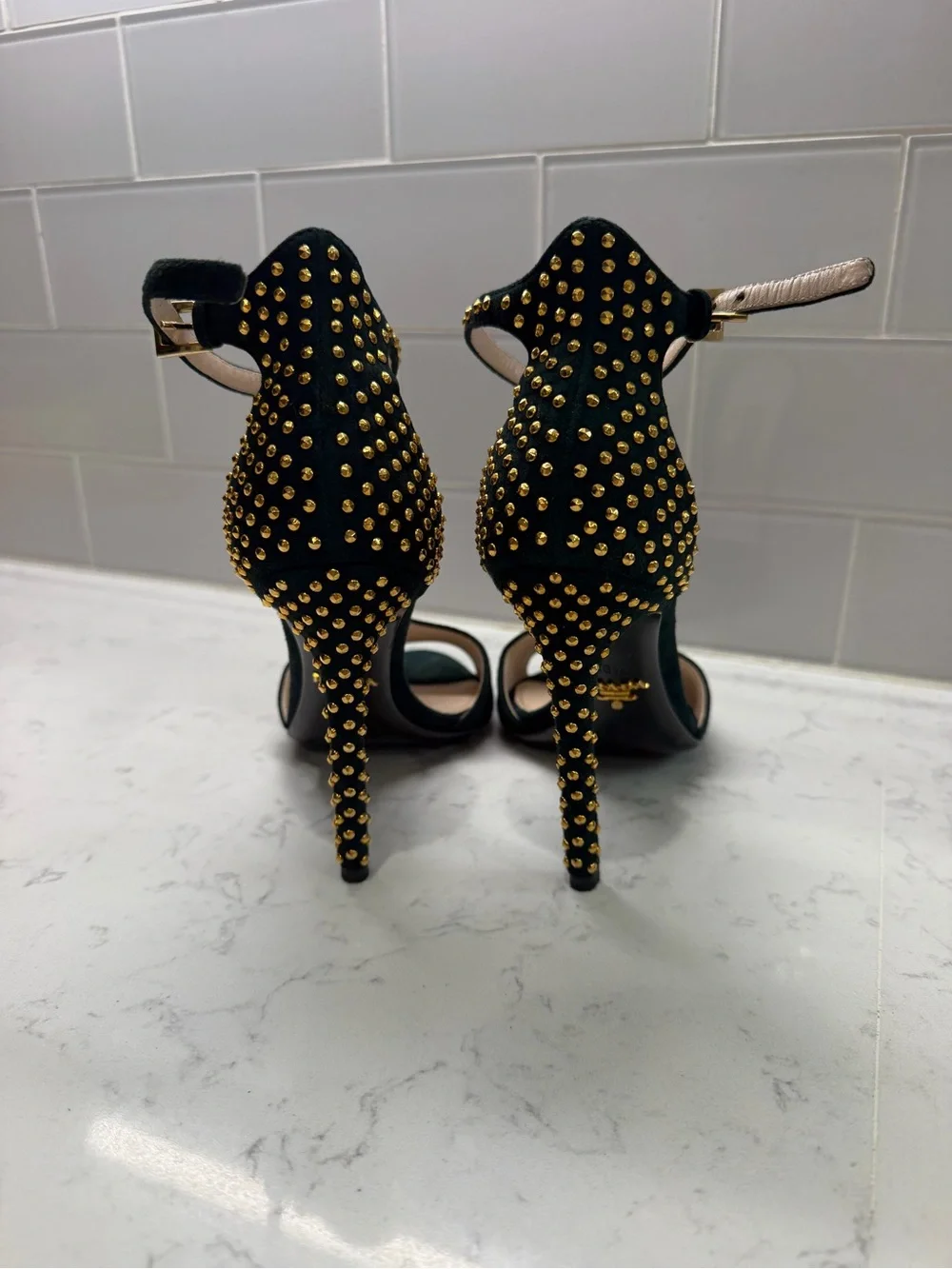 Prada Black Suede T-Strap Studded Ankle-Heel Sandals